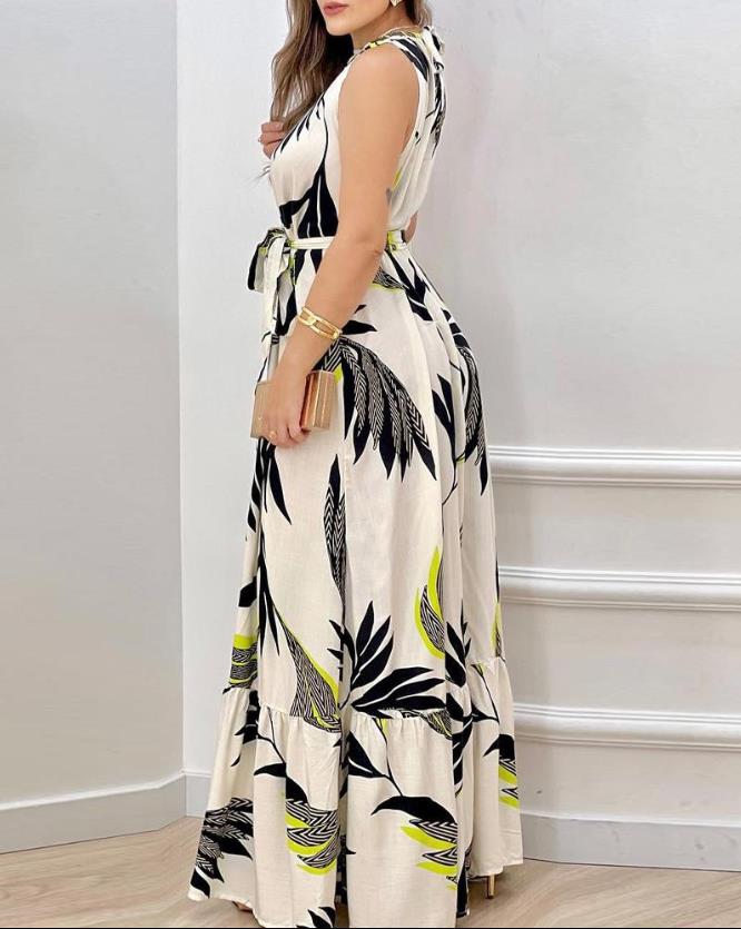 Dresses for Women 2023 Spring Fashion Leaf Print Sleeveless Casual O-Neck Maxi Daily Vacation Dress with Belt