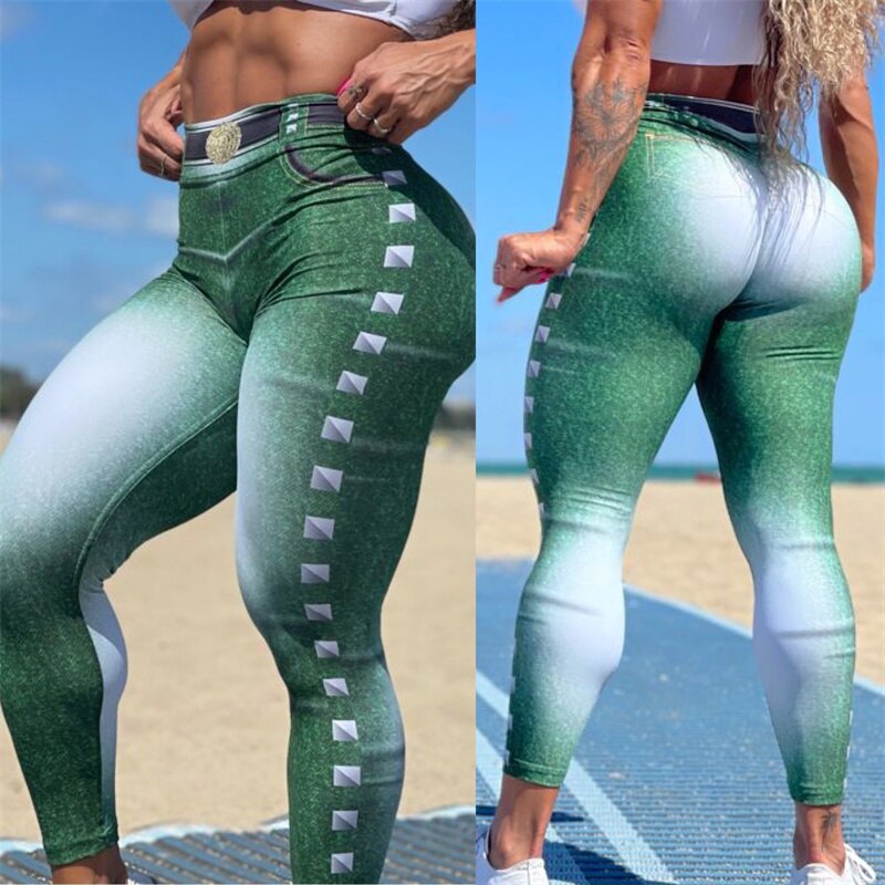 FCCEXIO Gradient Denim Print Women Pants Push Up Running Sports Leggings Slim Pants Female Casual Trousers Fitness Legging