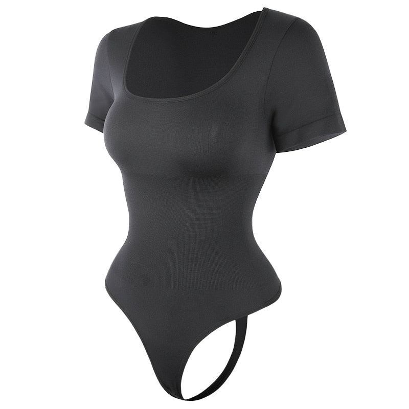 Women Bodysuits Sexy Ribbed Short Sleeve Square Neck Tank Tops Waist Shaping Tummy Control Butt Lifter Thong Shaper Corset