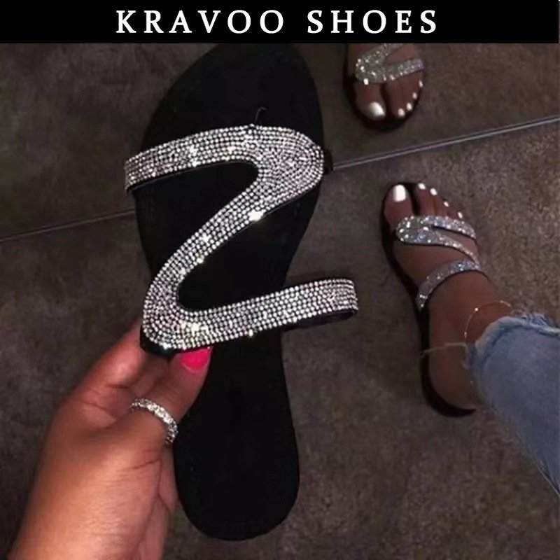 Women  Z-shaped Rhinestone Beach Sandals / Flip Flops