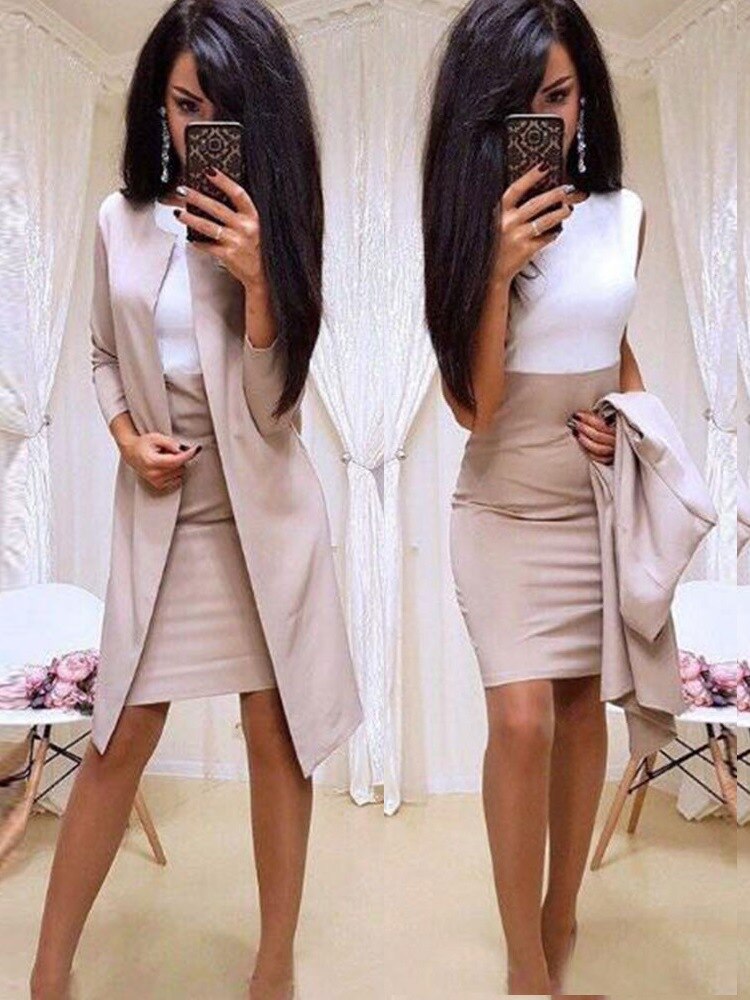 Solid color professional women's skirt set women's slim dress Office two-piece set