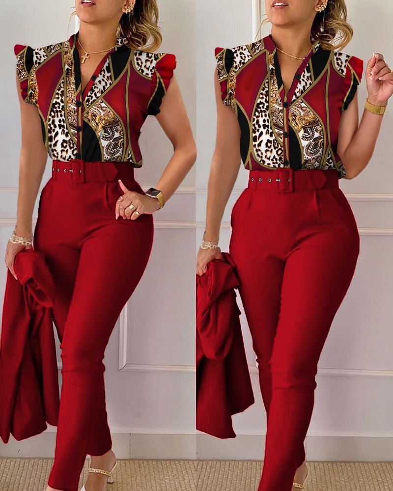 Leopard Print Flutter Sleeve Top Pants Set