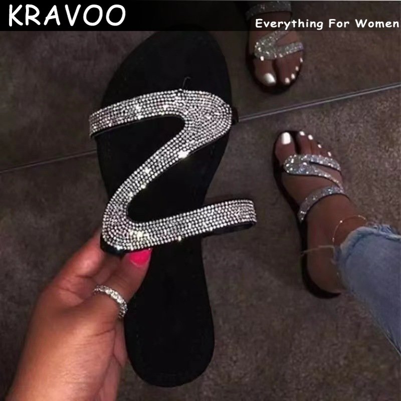 Women  Z-shaped Rhinestone Beach Sandals / Flip Flops