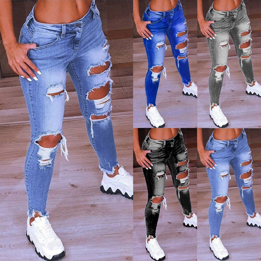 Women Low Waist Ripped Jeans Fashion Slim Hip Lift Elastic Ankle-Length Denim Pencil Pants Plus Size Jeans 5XL