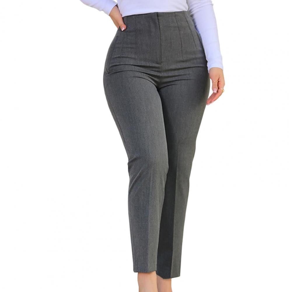 Women High Waist Pleated Pockets Business Trousers Ninth-Length Lady Trousers Solid Color Straight Leg Suit Pants