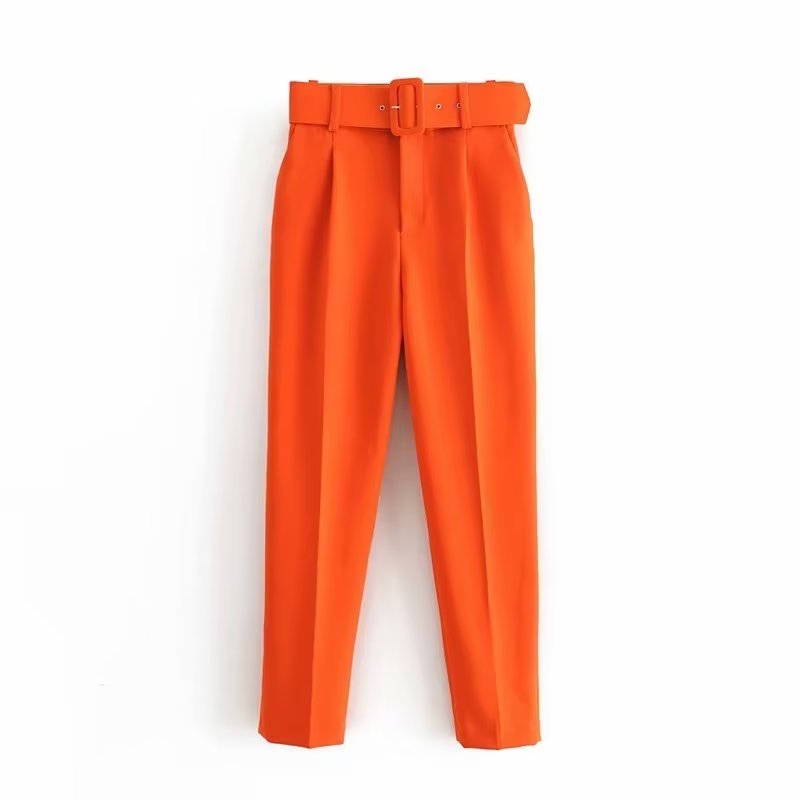 Orange Pencil Pants Women Black High Waisted Woman Trousers Autumn Office Wear Pants for Women Belt Casual Women's Pants