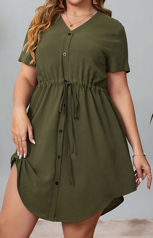 Women's V-Neck Button Drawstring Dress