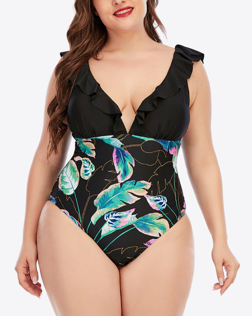 Plus Size Printed Ruffled Deep V One-Piece Swimsuit