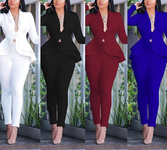 New Women Winter Women Set Tracksuit Full Sleeve Ruffles Blazers Pencil Pants Suit Two Piece Set Office Lady Outfits Uniform