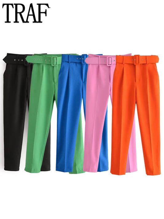 Orange Pencil Pants Women Black High Waisted Woman Trousers Autumn Office Wear Pants for Women Belt Casual Women's Pants