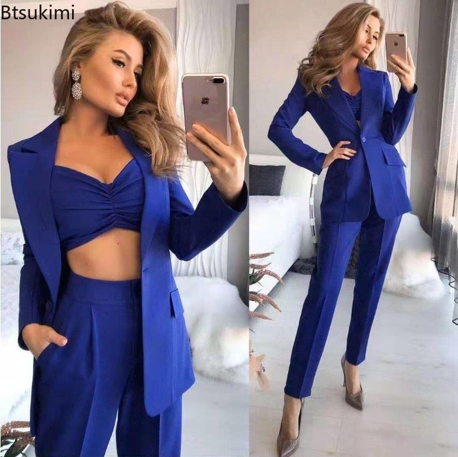 Elegant OL Office Ladies Suits Pants 3PCS Breathable Turndown Collar Women Jacket Dress Suits Slim Jacket+vest +Pants Suit Set