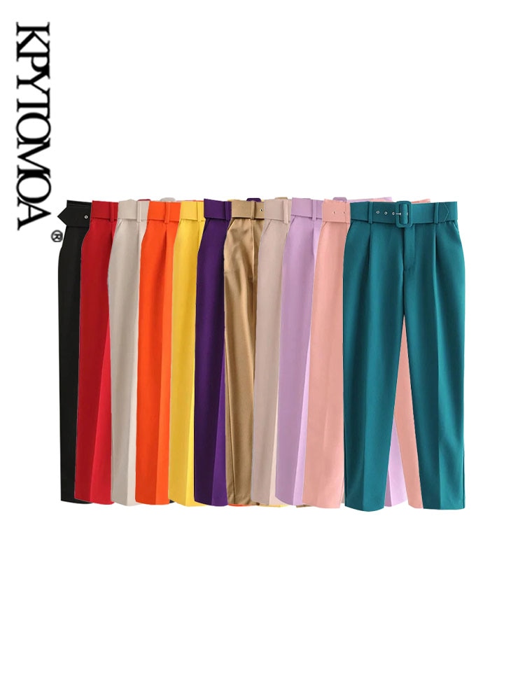 Women Fashion With Belt Side Pockets Office Wear Pants Vintage High Waist Zipper Fly Female Ankle Trousers