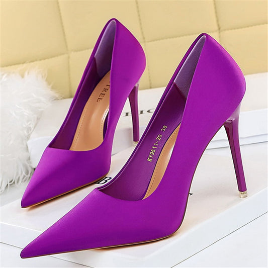 Luxury Elegant Women 7.5cm 10.5cm High Heels Scarpins Silk Pumps Lady Green Purple Fetish Wedding Bridal Low Heels Satin Shoes