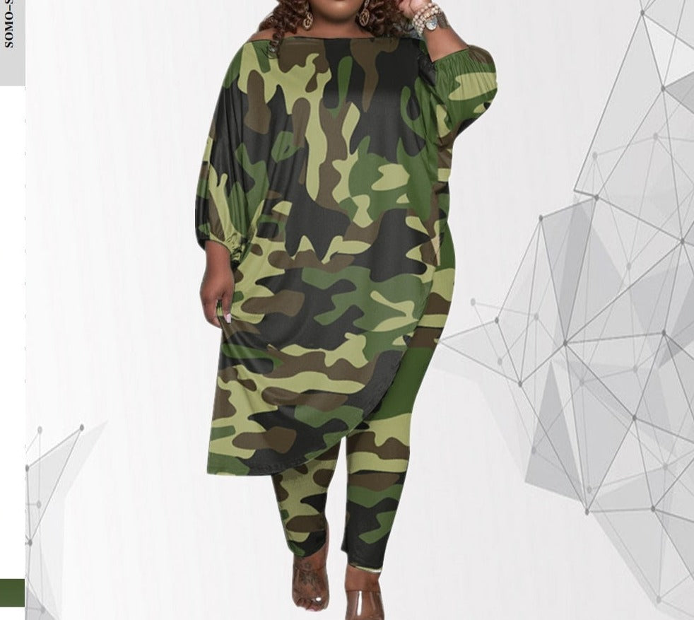 Autumn Style Trendy Plus Size Women Clothing Tracksuit Womens Long Loose Camouflage Oblique Shoulder