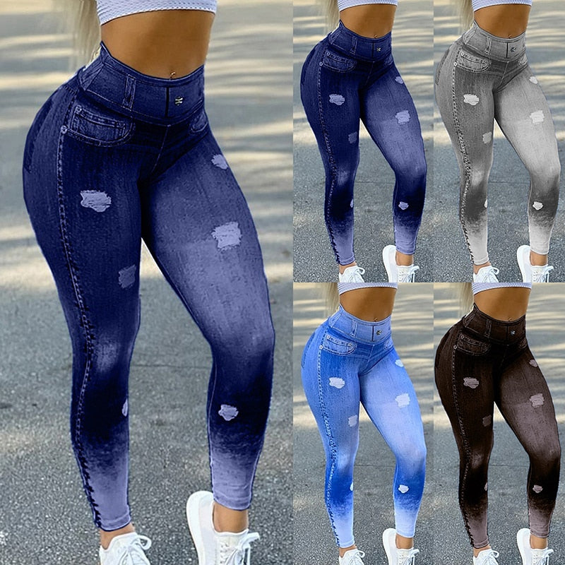 High Waist Faux Denim Jean Leggings Slim Elastic Seamless Skinny Pencil Pant Female Workout Running Leggings