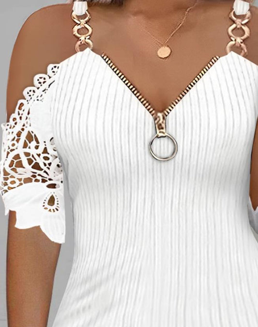 Women's Hot Sale 2023 New Spring/summer Fashion Solid Color Contrast Lace Cold Shoulder Zipper Front T-Shirt