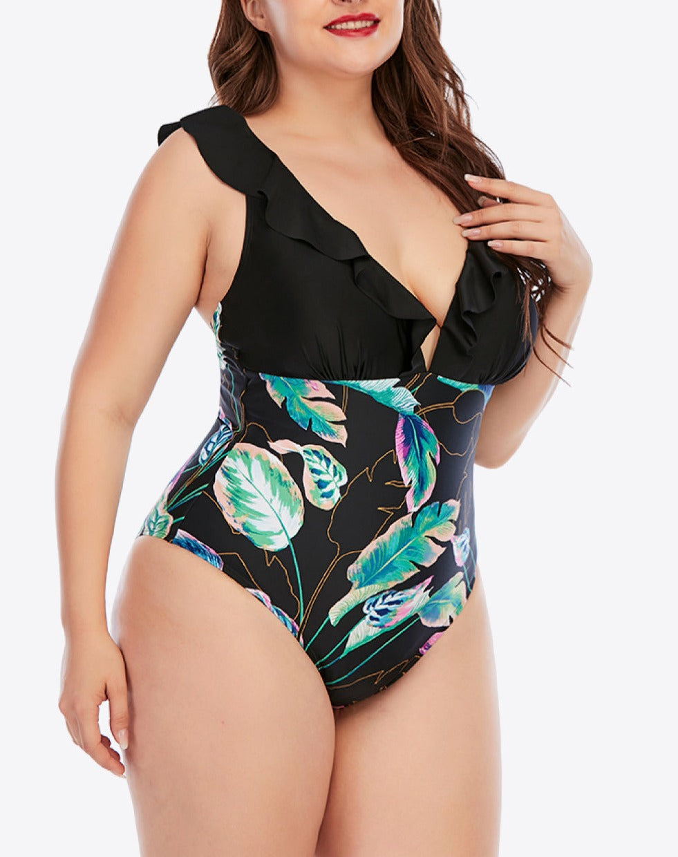 Plus Size Printed Ruffled Deep V One-Piece Swimsuit